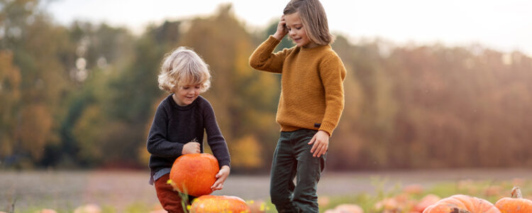 Two kids picking pumpkins; halloween activities for families