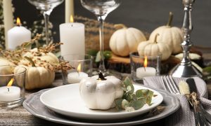 Farmhouse, autumn, Thanksgiving table setting with white pumpkins for a blog highlighting world market thanksgiving decor