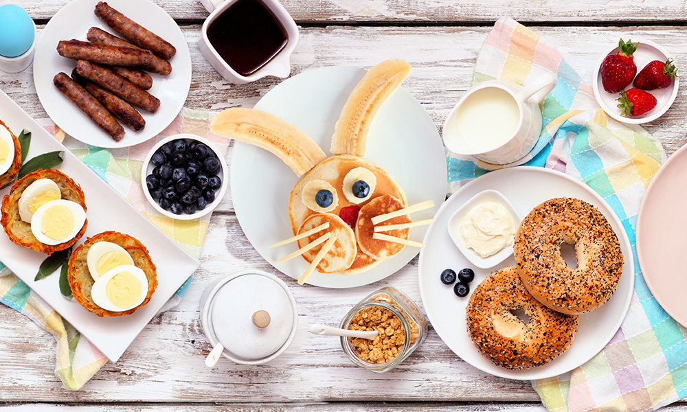 easter themed breakfast spread for a blog about easy easter brunch ideas